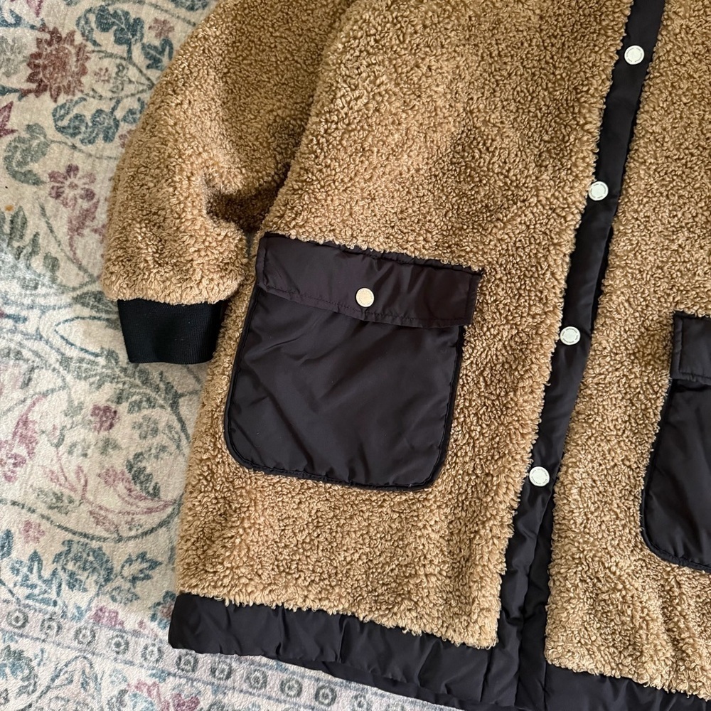 ZARA Girls Brown Teddy Sherpa Jacket Cozy Fleece Snap Front Puffer Style - Picture 3 of 6